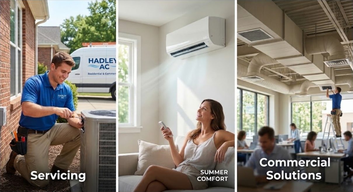 Hadleigh AC engineer servicing an outdoor unit, a comfortable home and commercial air conditioning